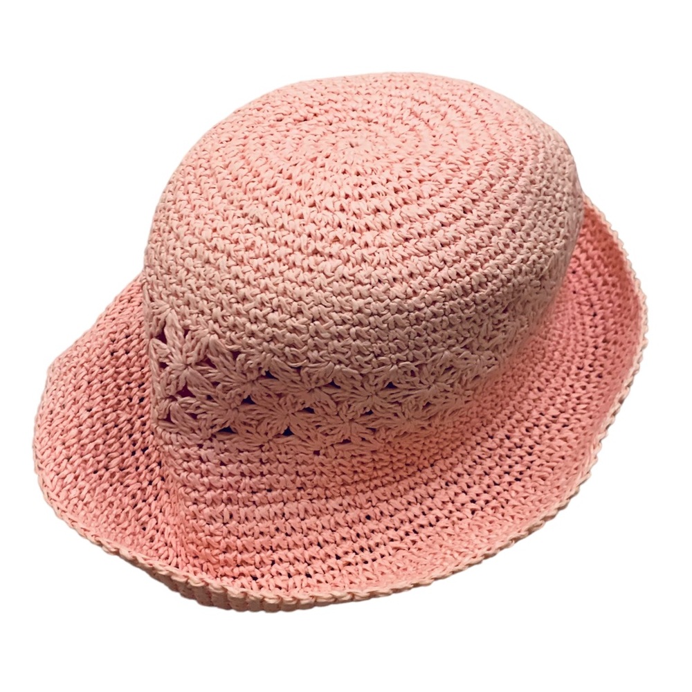 Light pink vintage cottage straw hat with brim and detailed pattern size small